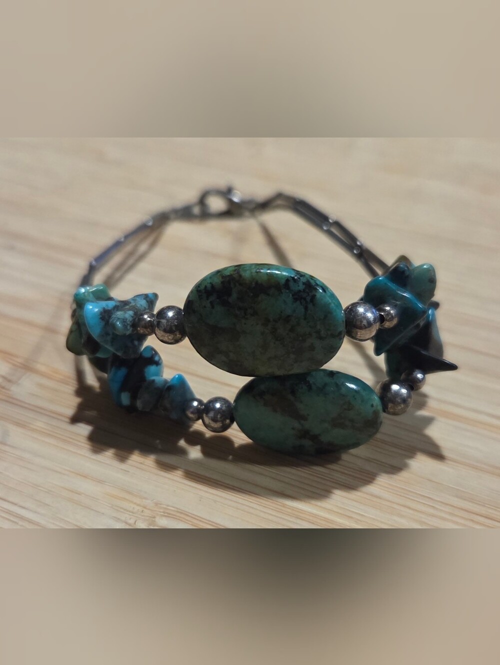 Vintage Turquoise Stone Double-Row Hippie Bracelet Green Turquoise Nugget